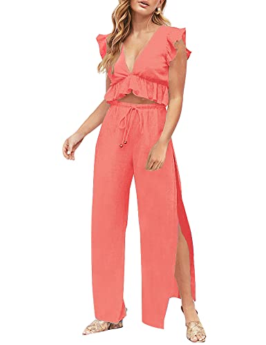 FANCYINN Damen Zweiteilige Outfits 2 Teiler Crop Top Sexy V-Ausschnitt Hose mit Seitenschlitz Kordelzug Sommer Strand Urlaub Lässig von FANCYINN