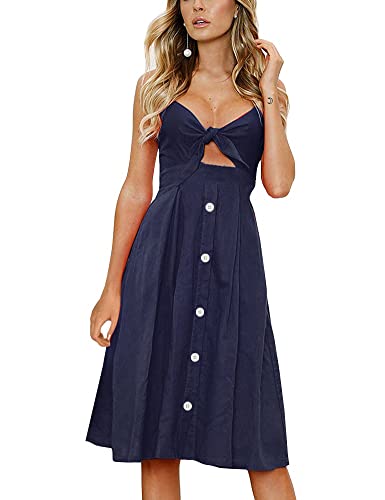 FANCYINN Kleid Damen Sommer Knielang Dekoltee V-Ausschnitt Sommerkleid Midi Träger Rückenfreies A-Linie Kleider Strandkleider Navy blau von FANCYINN