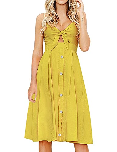 FANCYINN Kleid Damen Sommer Knielang Dekoltee V-Ausschnitt Sommerkleid Midi Träger Rückenfreies A-Linie Kleider Strandkleider Weizengelb M von FANCYINN