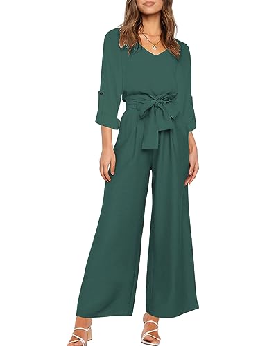 FANCYINN Frauen 2 Stück Casual Trainingsanzug Sommer Langarm Tank Top Hose mit hoher Taille Dunkelgrüne Hose & Bluse XS von FANCYINN