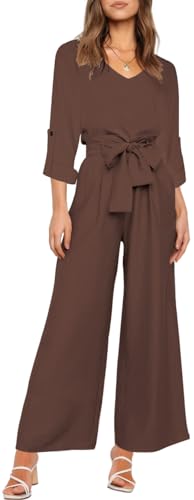 FANCYINN Frauen 2 Stück Casual Trainingsanzug Sommer Langarm Tank Top Hose mit hoher Taille Kaffeerotes Oberteil & Hose XL von FANCYINN