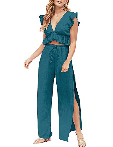 FANCYINN Jumpsuit Damen Zweiteiler 2 Teiler Crop Top Sexy V-Ausschnitt Hose mit Seitenschlitz Kordelzug Sommer Strand Urlaub Lässig Outfits Blaugrüne L von FANCYINN