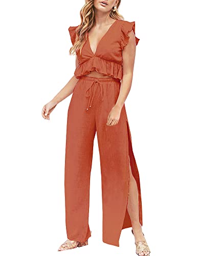 FANCYINN Jumpsuit Damen Zweiteiler 2 Teiler Crop Top Sexy V-Ausschnitt Hose mit Seitenschlitz Kordelzug Sommer Strand Urlaub Lässig Outfits Bräunlichrot L von FANCYINN