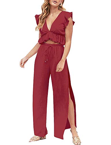 FANCYINN Jumpsuit Damen Zweiteiler 2 Teiler Crop Top Sexy V-Ausschnitt Hose mit Seitenschlitz Kordelzug Sommer Strand Urlaub Lässig Outfits Burgund M von FANCYINN