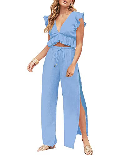 FANCYINN Jumpsuit Damen Zweiteiler 2 Teiler Crop Top Sexy V-Ausschnitt Hose mit Seitenschlitz Kordelzug Sommer Strand Urlaub Lässig Outfits Hellblau M von FANCYINN