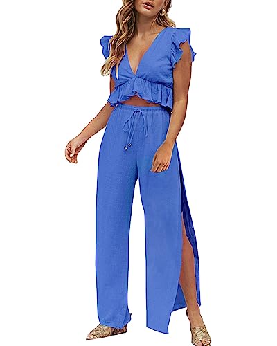 FANCYINN Jumpsuit Damen Zweiteiler 2 Teiler Crop Top Sexy V-Ausschnitt Hose mit Seitenschlitz Kordelzug Sommer Strand Urlaub Lässig Outfits Königsblau L von FANCYINN