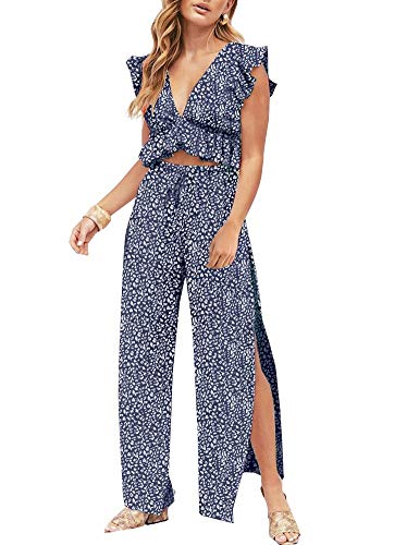 FANCYINN Jumpsuit Damen Zweiteiler 2 Teiler Crop Top Sexy V-Ausschnitt Hose mit Seitenschlitz Kordelzug Sommer Strand Urlaub Lässig Outfits Kopfsteinpflaster L von FANCYINN