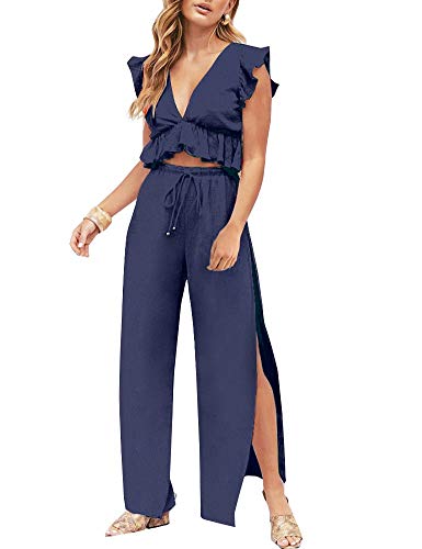 FANCYINN Jumpsuit Damen Zweiteiler 2 Teiler Crop Top Sexy V-Ausschnitt Hose mit Seitenschlitz Kordelzug Sommer Strand Urlaub Lässig Outfits Navy Blau M von FANCYINN