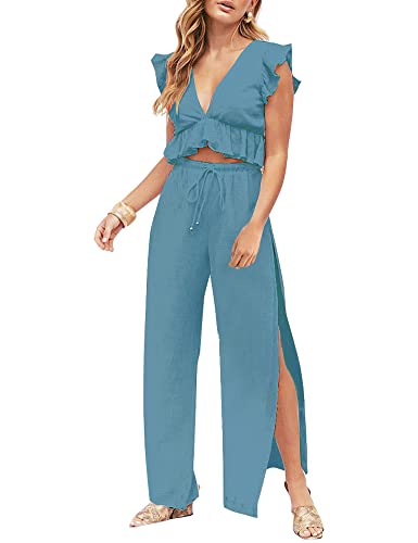 FANCYINN Jumpsuit Damen Zweiteiler 2 Teiler Crop Top Sexy V-Ausschnitt Hose mit Seitenschlitz Kordelzug Sommer Strand Urlaub Lässig Outfits Pfauenblau L von FANCYINN