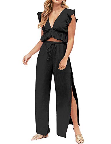 FANCYINN Jumpsuit Damen Zweiteiler 2 Teiler Crop Top Sexy V-Ausschnitt Hose mit Seitenschlitz Kordelzug Sommer Strand Urlaub Lässig Outfits Schwarz L von FANCYINN