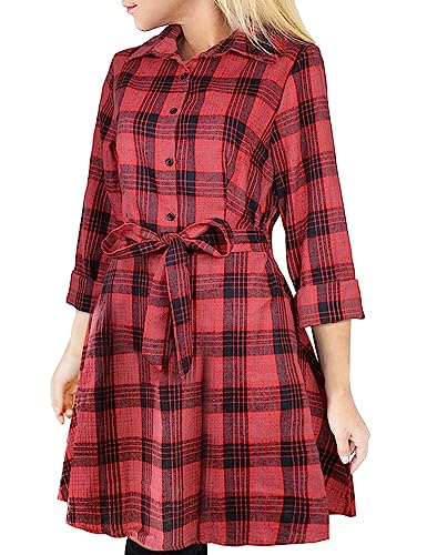 FANCYINN Kariertes Hemdkleid für Damen, Langarm, kariert, Tartan-Hemd, Minikleid, langes Oberteil, kurzer Stil, Rot & Schwarz, S von FANCYINN