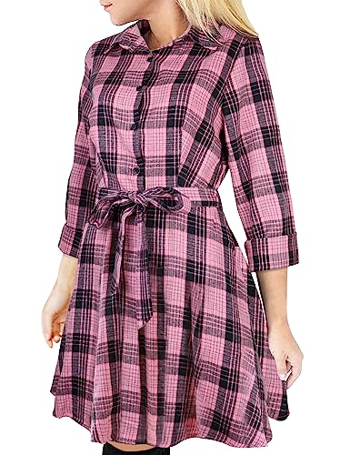 FANCYINN Kariertes Hemdkleid für Damen, langärmelig, kariert, Tartan-Hemd, Minikleid, langes Oberteil, kurz, Stil, Rosa und Schwarz, XS von FANCYINN