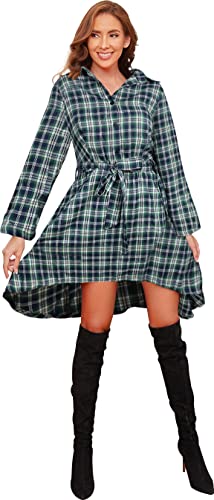 FANCYINN Kariertes Kleid mit Langen Ärmeln für Damen, Plissierte Karokleider Kariertes Tartan-Hemdkleid, Grün und Blau, XL von FANCYINN