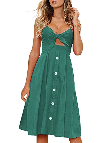 FANCYINN Kleid Damen Sommer Knielang Dekoltee V-Ausschnitt Sommerkleid Midi Träger Rückenfreies A-Linie Kleider Strandkleider Dunkelgrün XS von FANCYINN