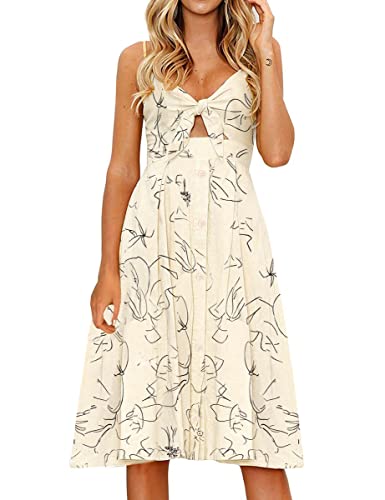 FANCYINN Kleid Damen Sommer Knielang Dekoltee V-Ausschnitt Sommerkleid Midi Träger Rückenfreies A-Linie Kleider Strandkleider Aprikose M von FANCYINN