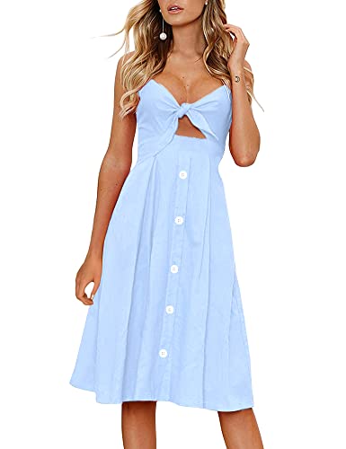 FANCYINN Kleid Damen Sommer Knielang Dekoltee V-Ausschnitt Sommerkleid Midi Träger Rückenfreies A-Linie Kleider Strandkleider Hellblau XS von FANCYINN