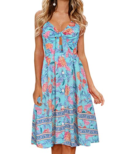 FANCYINN Kleid Damen Sommer Knielang Dekoltee V-Ausschnitt Sommerkleid Midi Träger Rückenfreies A-Linie Kleider Strandkleider Boho Blau Rose XS von FANCYINN