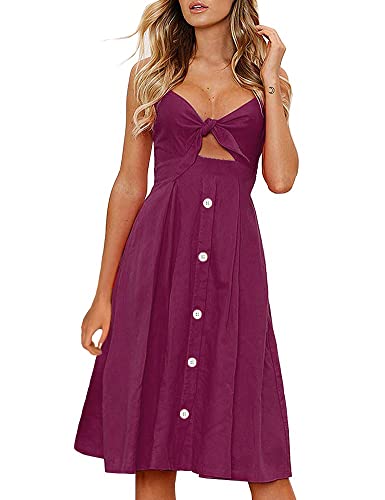 FANCYINN Kleid Damen Sommer Knielang Dekoltee V-Ausschnitt Sommerkleid Midi Träger Rückenfreies A-Linie Kleider Strandkleider Weinrote Farbe S von FANCYINN