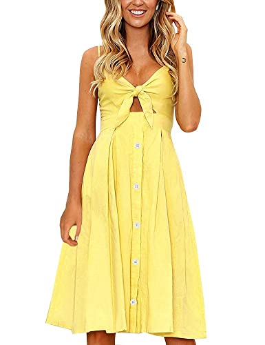 FANCYINN Kleid Damen Sommer Knielang Dekoltee V-Ausschnitt Sommerkleid Midi Träger Rückenfreies A-Linie Kleider Strandkleider Gelb XS von FANCYINN