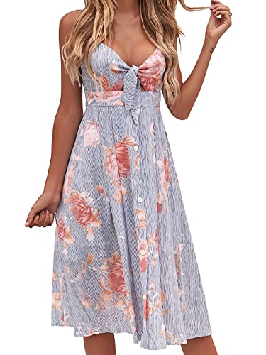 FANCYINN Kleid Damen Sommer Knielang Dekoltee V-Ausschnitt Sommerkleid Midi Träger Rückenfreies A-Linie Kleider Strandkleider Gestreifte Blume M von FANCYINN