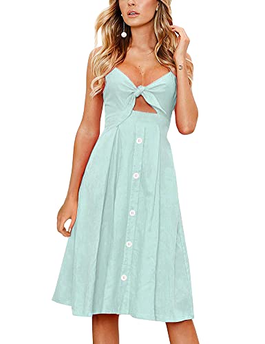 FANCYINN Kleid Damen Sommer Knielang Dekoltee V-Ausschnitt Sommerkleid Midi Träger Rückenfreies A-Linie Kleider Strandkleider Hellgrün M von FANCYINN