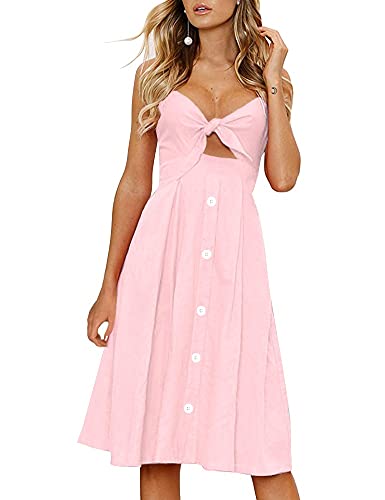 FANCYINN Kleid Damen Sommer Knielang Dekoltee V-Ausschnitt Sommerkleid Midi Träger Rückenfreies A-Linie Kleider Strandkleider Rosa L von FANCYINN