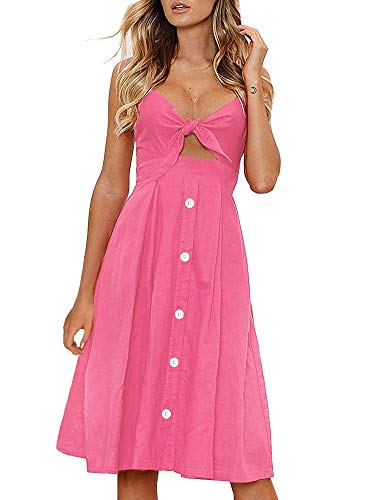 FANCYINN Kleid Damen Sommer Knielang Dekoltee V-Ausschnitt Sommerkleid Midi Träger Rückenfreies A-Linie Kleider Strandkleider Rose Rosa S von FANCYINN