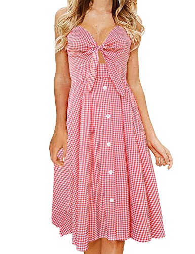 FANCYINN Kleid Damen Sommer Knielang Dekoltee V-Ausschnitt Sommerkleid Midi Träger Rückenfreies A-Linie Kleider Strandkleider Rotes Plaid XL von FANCYINN