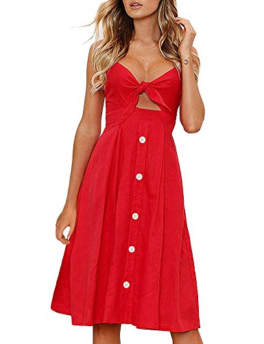 FANCYINN Kleid Damen Sommer Knielang Dekoltee V-Ausschnitt Sommerkleid Midi Träger Rückenfreies A-Linie Kleider Strandkleider Rot M von FANCYINN