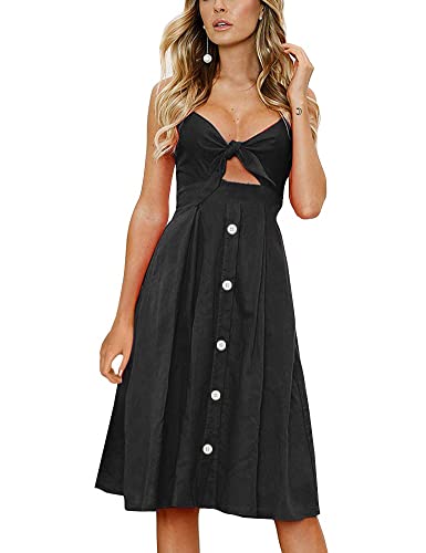 FANCYINN Kleid Damen Sommer Knielang Dekoltee V-Ausschnitt Sommerkleid Midi Träger Rückenfreies A-Linie Kleider Strandkleider Schwarz XL von FANCYINN