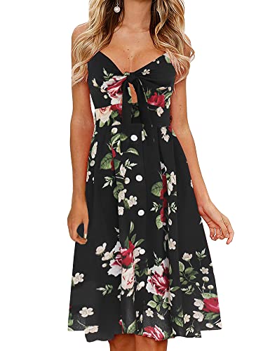 FANCYINN Kleid Damen Sommer Knielang Dekoltee V-Ausschnitt Sommerkleid Midi Träger Rückenfreies A-Linie Kleider Strandkleider Schwarze Blume XL von FANCYINN