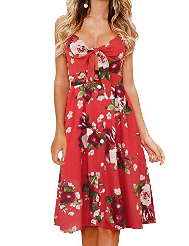 FANCYINN Kleid Damen Sommer Knielang Dekoltee V-Ausschnitt Sommerkleid Midi Träger Rückenfreies A-Linie Kleider Strandkleider Rote Blume S von FANCYINN