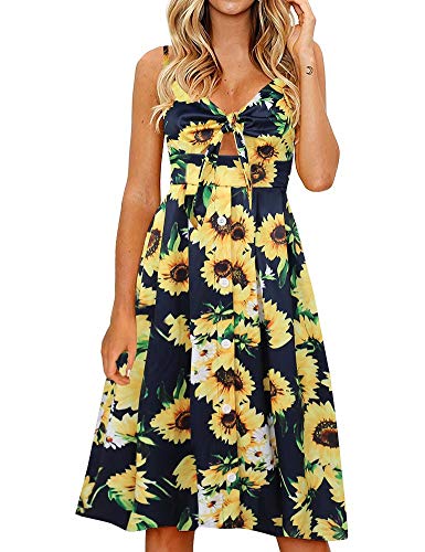 FANCYINN Kleid Damen Sommer Knielang Dekoltee V-Ausschnitt Sommerkleid Midi Träger Rückenfreies A-Linie Kleider Strandkleider Sonnenblume Marineblau S von FANCYINN