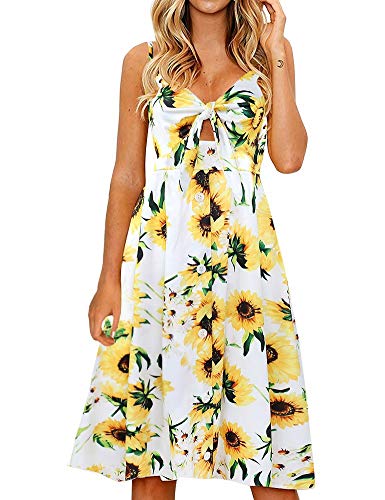 FANCYINN Kleid Damen Sommer Knielang Dekoltee V-Ausschnitt Sommerkleid Midi Träger Rückenfreies A-Linie Kleider Strandkleider Sonnenblume weiß L von FANCYINN