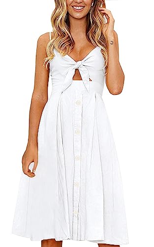 FANCYINN Kleid Damen Sommer Knielang Dekoltee V-Ausschnitt Sommerkleid Midi Träger Rückenfreies A-Linie Kleider Strandkleider Weiß XS von FANCYINN