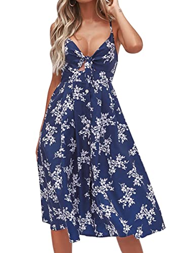 FANCYINN Kleid Damen Sommer Knielang Dekoltee V-Ausschnitt Sommerkleid Midi Träger Rückenfreies A-Linie Kleider Strandkleider Blumendruck Marineblau S von FANCYINN