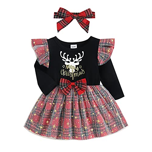 FANCYINN Kleinkind Baby Mädchen Frohe Weihnachten Print Kleid Rot Plaid Brief Langarm Nähen Tüll Tutu Rock + Stirnband Kleidung Outfit 12-18 Monate von FANCYINN