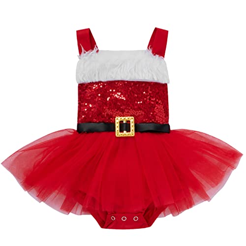 FANCYINN Kleinkind Baby Mädchen Prinzessin Weihnachtskleider, Weihnachten Kurzarm Pailletten Mesh Patchwork Kleid und schwarzer Gürtel 6-12 Monate von FANCYINN