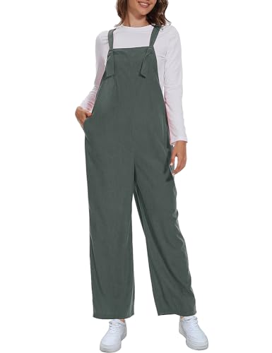 FANCYINN Latzhose Damen Weite Bein Jumpsuits Ärmellos Quadratischer Hals Verstellbarer Krawattenknoten Overalls Strap Bib Strampler Lange Hosen mit Taschen Celadon S von FANCYINN