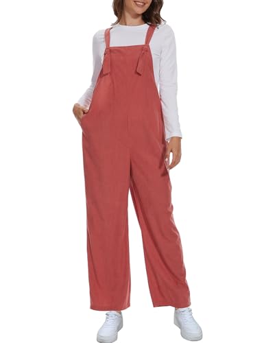 FANCYINN Latzhose Damen Weite Bein Jumpsuits Ärmellos Quadratischer Hals Verstellbarer Krawattenknoten Overalls Strap Bib Strampler Lange Hosen mit Taschen Orange Rot M von FANCYINN