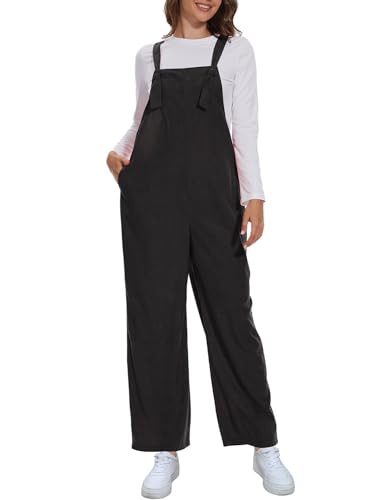 FANCYINN Latzhose Damen Weite Bein Jumpsuits Ärmellos Quadratischer Hals Verstellbarer Krawattenknoten Overalls Strap Bib Strampler Lange Hosen mit Taschen Schwarz L von FANCYINN