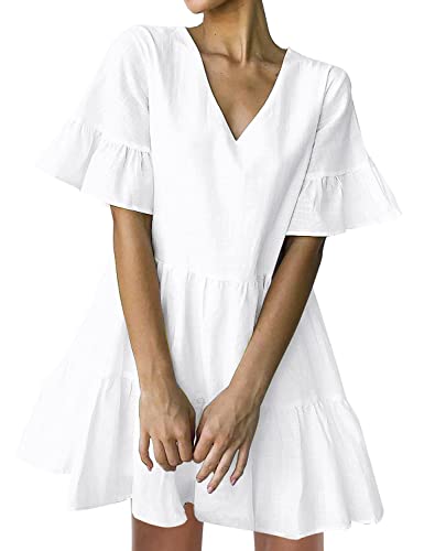 FANCYINN Sommerkleid Damen Kurz Tunika Kleid V-Ausschnitt Volant Lockeres Swing Mini Kleider Weiß von FANCYINN