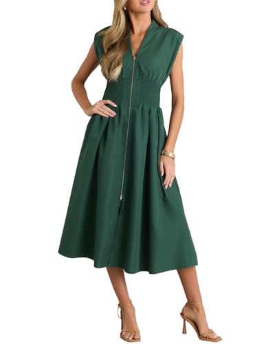 FANCYINN Sommerkleid Damen Ärmellos V-Ausschnitt Reißverschluss Vorne Maxikleid Hohe Taille Freizeitkleid mit Taschen Grün S von FANCYINN