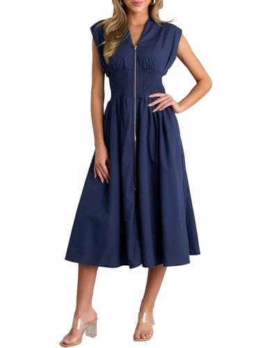 FANCYINN Sommerkleid Damen Ärmellos V-Ausschnitt Reißverschluss Vorne Maxikleid Hohe Taille Freizeitkleid mit Taschen Marine Blau XL FANCYINN Sommerkleid Damen Ärmellos V-Ausschnitt Reißverschluss Vorne Maxikleid Hohe Taille Freizeitkleid mit Taschen Marine Blau XL von FANCYINN