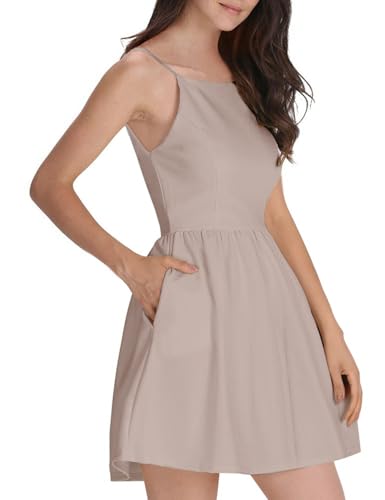 FANCYINN Sommerkleid Damen Kurz Leicht Spaghettiträger Kleid Sommer Kleider Strand Skaterkleid Minikleid Beige M von FANCYINN