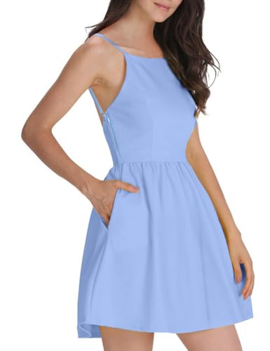 FANCYINN Sommerkleid Damen Kurz Leicht Spaghettiträger Kleid Sommer Kleider Strand Skaterkleid Minikleid Hellblau L von FANCYINN