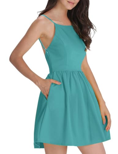 FANCYINN Sommerkleid Damen Kurz Leicht Spaghettiträger Kleid Sommer Kleider Strand Skaterkleid Minikleid Pfauenblau S von FANCYINN