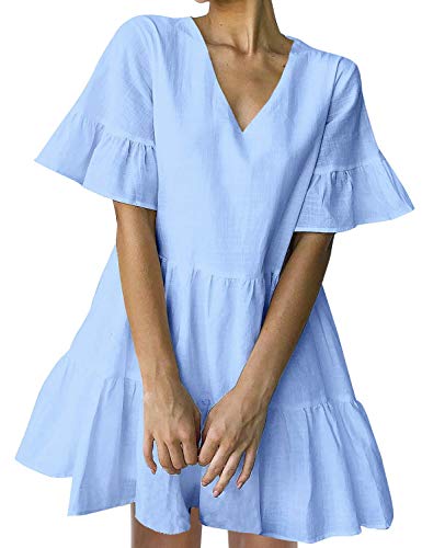 FANCYINN Sommerkleid Damen Kurz Tunika Kleid V-Ausschnitt Volant Lockeres Swing Mini Kleider (Hellblau, L) von FANCYINN