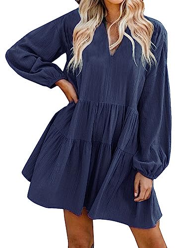 FANCYINN Sommerkleid Damen Kurz Tunika Kleid V-Ausschnitt Volant Lockeres Swing Mini Kleider Marineblau-Langarm M von FANCYINN