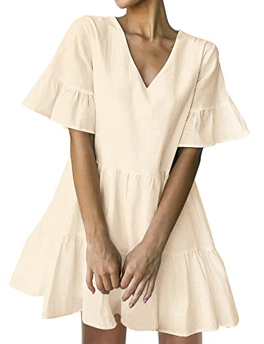 FANCYINN Sommerkleid Damen Kurz Tunika Kleid V-Ausschnitt Volant Lockeres Swing Mini Kleider Beige L FANCYINN Sommerkleid Damen Kurz Tunika Kleid V-Ausschnitt Volant Lockeres Swing Mini Kleider Beige L von FANCYINN